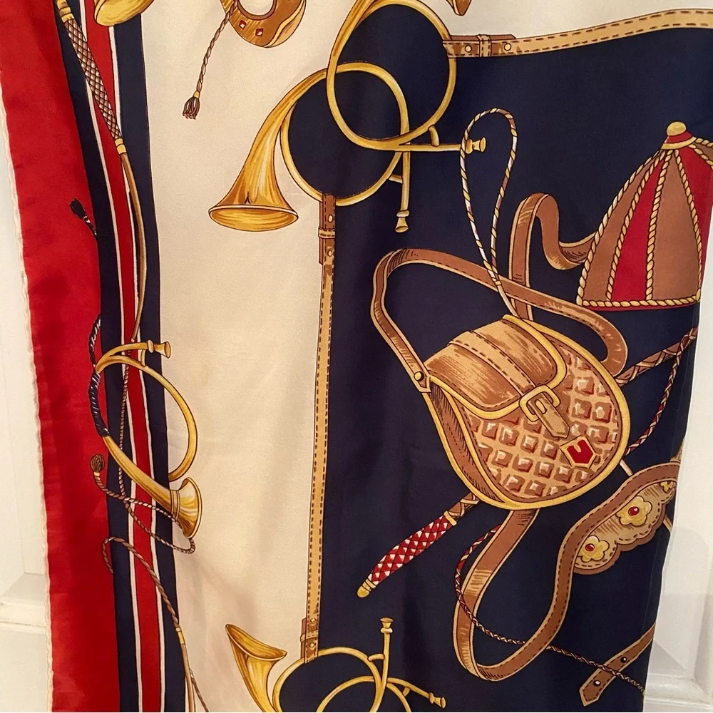 LUCIANO ITALY SCARF SILK SQUARE EQUESTRIAN HORSE RED CREAM BLACK GOLD VINTAGE